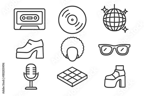 Retro Vibes Icons. Line style icons of Retro Vibes: Cassette Tape, Vinyl Record, Disco Ball, Platform Shoe, Afro Hair, Sunglasses,