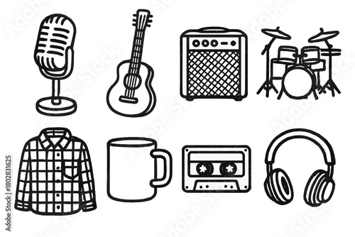 Grunge Studio Icons. Line style icons of Grunge Studio: Microphone, Guitar, Amplifier, Drum Kit, Flannel Shirt, Coffee Mug,