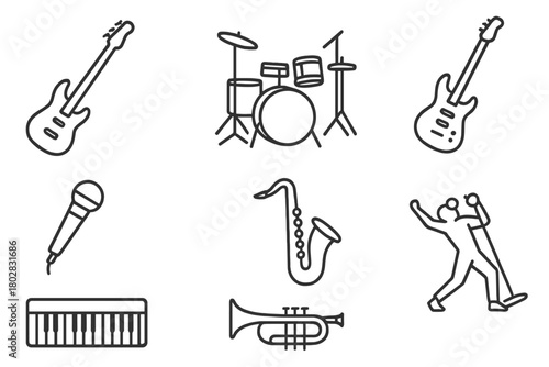 Funk Band Icons. Line style icons of Funk Band: Bass Guitar, Drum Kit, Microphone, Guitar, Saxophone, Trumpet, Keyboard, Singer