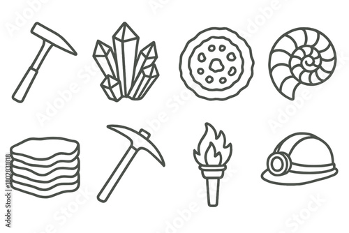 Geology Line Icons. Line style icons of Geology Cave: Rock Hammer, Crystal Formation, Geode, Fossil, Shale Layers, Pickaxe, Torch,