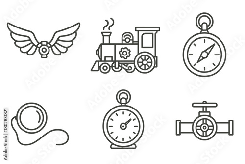 Steampunk Invention Icons. Line style icons of Steampunk Inventions: Mechanical Wings, Steam Engine, Gearbox, Brass Compass,