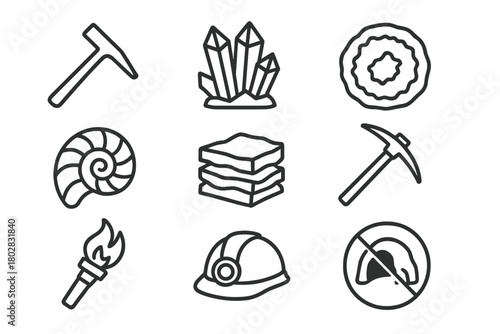 Geology Line Icons. Line style icons of Geology Cave: Rock Hammer, Crystal Formation, Geode, Fossil, Shale Layers, Pickaxe, Torch,