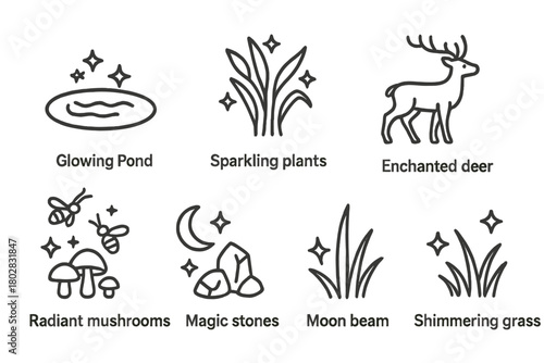 Enchanted Glade Icons. Line style icons of Hidden Glade: Glowing Pond, Sparkling Plants, Fireflies, Enchanted Deer, Radiant