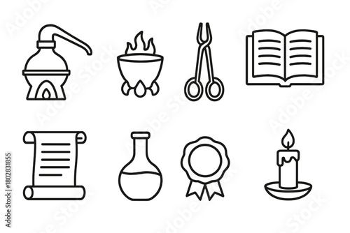 Medieval Alchemy Icons. Line style icons of Medieval Alchemy: Alembic, Crucible, Tongs, Open Book, Scroll, Flask, Wax Seal, Candle