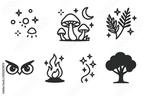 Enchanted Night Forest. Line style icons of Night Forest: Fireflies, Glowing Mushrooms, Moonlit Leaves, Shining Fern, Owl Eyes,