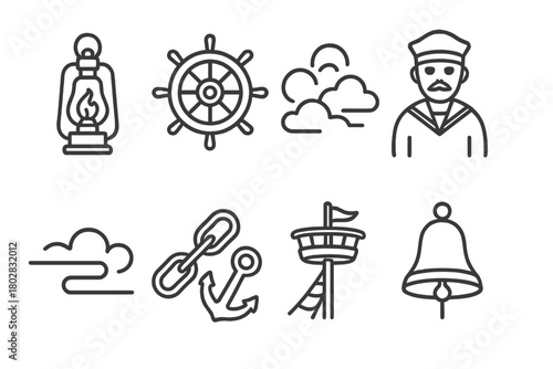 Maritime Haunting Icons. Line style icons of Maritime Haunting: Floating Lantern, Captain’s Wheel, Ghostly Sailor, Fog, Broken