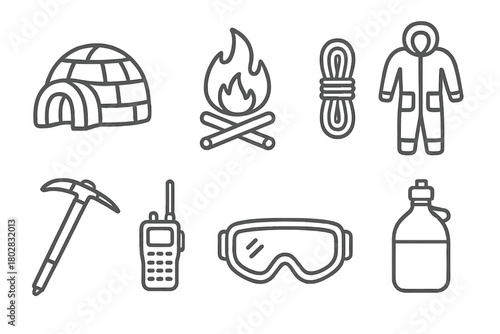 Antarctic Survival Icons. Line style icons of Antarctic Survival: Snow Shelter, Campfire, Rope, Thermal Suit, Ice Axe, Radio, Snow