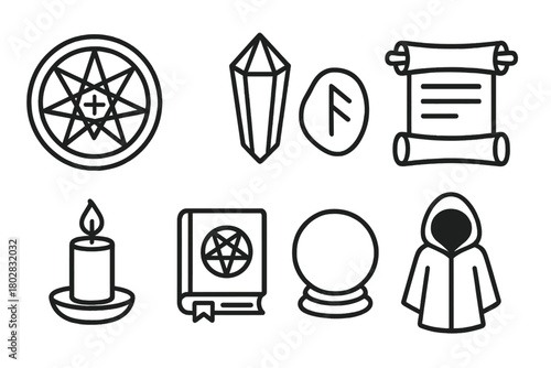 Rune Chamber Icons. Line style icons of Rune Chamber: Magic Circle, Crystal, Rune Stone, Scroll, Candle, Spellbook, Orb, Hooded