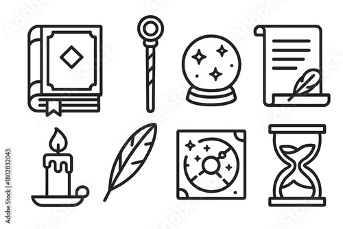 Arcane Study Icons. Line style icons of Arcane Study: Ancient Tome, Magic Staff, Crystal Orb, Scroll, Candle, Quill, Star Map,
