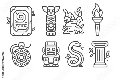 Ancient Jungle Icons. Line style icons of Ancient Jungle: Stone Tablet, Totem, Overgrown Path, Torch, Relic, Idol, Serpent, Pillar