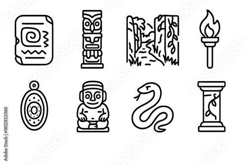 Ancient Jungle Icons. Line style icons of Ancient Jungle: Stone Tablet, Totem, Overgrown Path, Torch, Relic, Idol, Serpent, Pillar