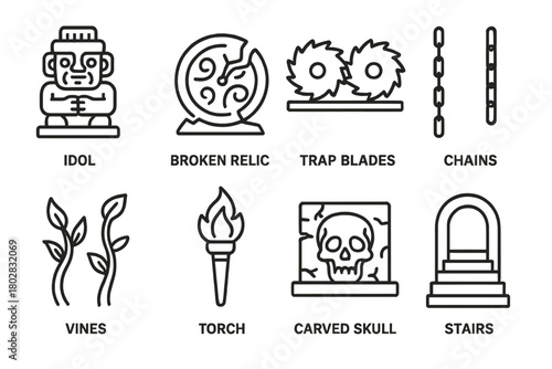 Cursed Temple Icons. Line style icons of Cursed Temple: Idol, Broken Relic, Trap Blades, Chains, Vines, Torch, Carved Skull,
