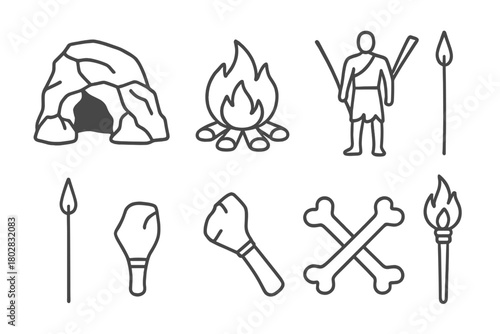 Ancient Shelter Icons. Line style icons of Ancient Shelter: Rock Wall, Fire Pit, Animal Hide, Hunter, Spear, Flint Tool, Bones,