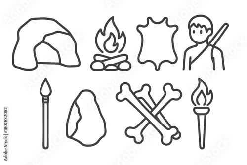 Ancient Shelter Icons. Line style icons of Ancient Shelter: Rock Wall, Fire Pit, Animal Hide, Hunter, Spear, Flint Tool, Bones,