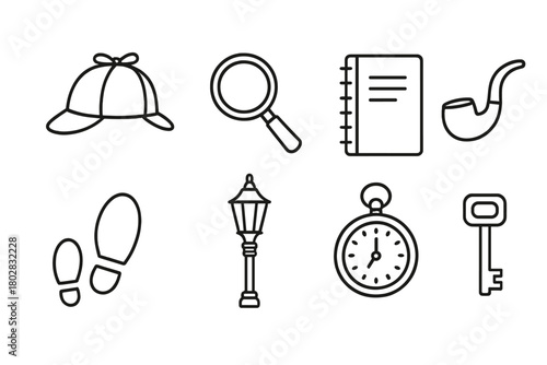 Mystery-Solving Icon Set. Line style icons of Mystery Solving: Deerstalker Hat, Magnifying Glass, Notebook, Pipe, Footprint, Lamp
