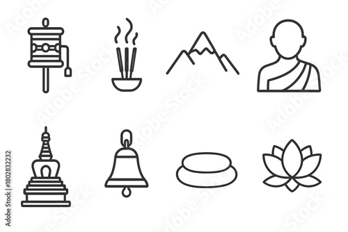 Monastery Life Icons. Line style icons of Monastery Life: Prayer Wheel, Incense, Mountain Peak, Monk, Stupa, Bell, Meditation