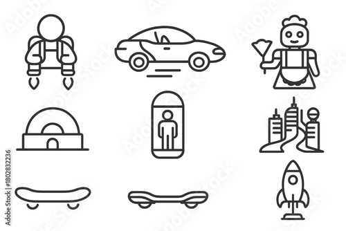 Futuristic Line Icons. Line style icons of Tomorrowland Vision: Jetpack, Flying Car, Robot Maid, Domed House, Capsule Elevator,