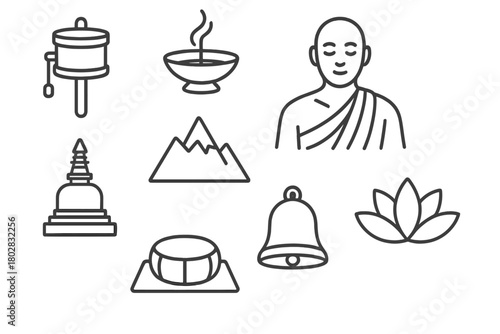 Monastery Life Icons. Line style icons of Monastery Life: Prayer Wheel, Incense, Mountain Peak, Monk, Stupa, Bell, Meditation
