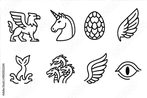 Mythical Creatures Icons. Line style icons of Mythical Bestiary: Griffin, Unicorn, Dragon Egg, Phoenix Feather, Mermaid Tail,
