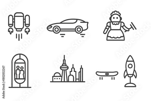 Futuristic Line Icons. Line style icons of Tomorrowland Vision: Jetpack, Flying Car, Robot Maid, Domed House, Capsule Elevator,