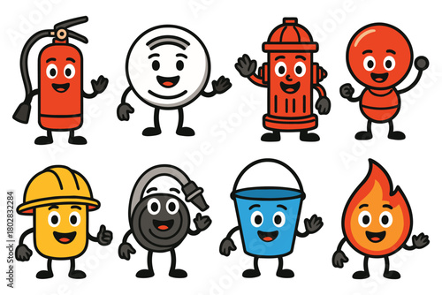 A vibrant cartoon illustration features eight friendly fire safety characters, each with a unique personality and waving to the viewer.