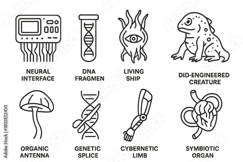 Bio-Punk Icon Collection. Line style icons of Bio-Punk: Neural Interface Panel, DNA Fragment Sample, Living Ship Core,