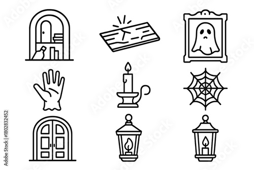 Haunted Mansion Icons. Line style icons of Haunted Mansion: Secret Room, Creaking Floorboard, Haunted Portrait, Ghostly Hand,