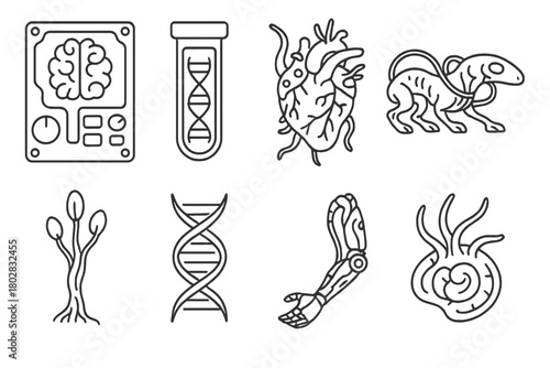 Bio-Punk Icon Collection. Line style icons of Bio-Punk: Neural Interface Panel, DNA Fragment Sample, Living Ship Core,