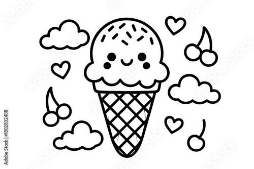 Smiling Ice Cream Cone. Delicious ice cream cone with sprinkles and happy eyes floating among clouds, cherries, and hearts, black