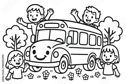 Smiling School Bus. A happy school bus with smiling wheels surrounded by children waving, trees, and flowers, black and white line