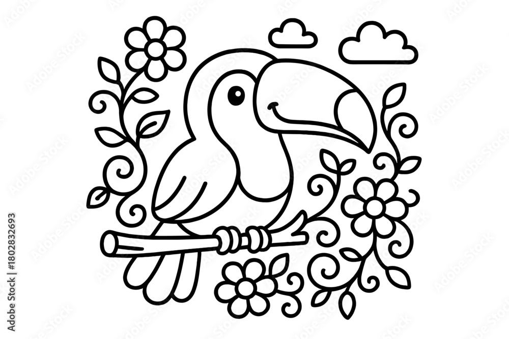 Naklejka premium Toucan Coloring Page. Colorful toucan sitting on a branch with big beak smiling, surrounded by flowers, clouds, and vines, black