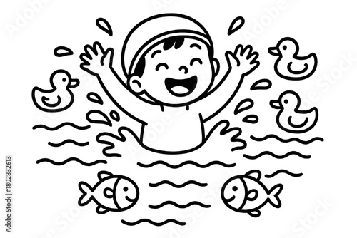 Pool Fun with Critters. Happy swimmer splashing in a pool with floating ducks, waves, and smiling fish nearby, black and white