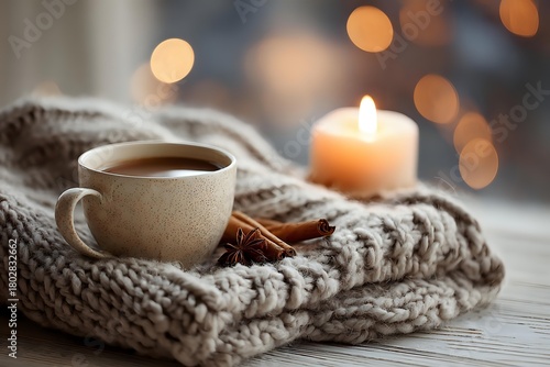 Wallpaper Mural Cozy cup of hot tea with cinnamon on knitted scarf near burning candle, creating warm atmosphere with soft bokeh lights in background. Torontodigital.ca