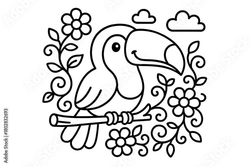 Toucan Coloring Page. Colorful toucan sitting on a branch with big beak smiling, surrounded by flowers, clouds, and vines, black