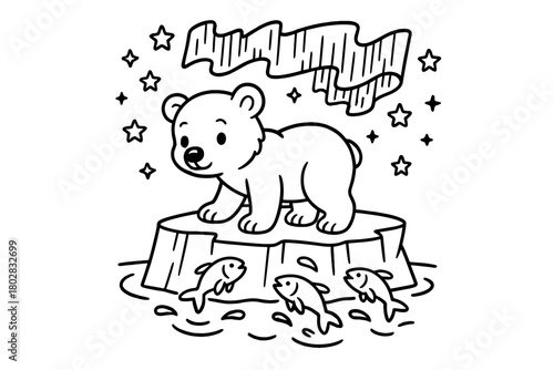 Polar Bear Adventure. Curious polar bear cub standing on an iceberg with fish jumping, northern lights, and stars above, black and