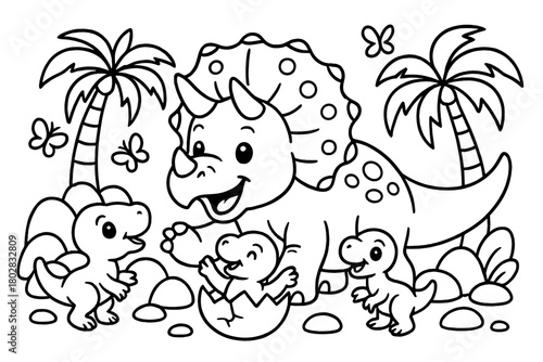 Triceratops and Baby Dinosaurs. Funny triceratops playing with baby dinosaurs surrounded by rocks, palm trees, and butterflies,