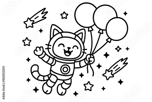 Floating Robot Cat. Cheerful robot cat floating with balloons in zero gravity surrounded by stars and comets, black and white line