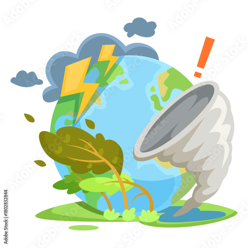 Illustration of Earth with storm clouds, lightning, tornado and strong wind on white background. Concept of climate change. Vector illustration