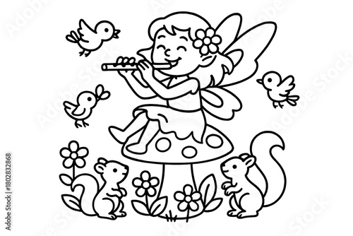 Fairy Flute Serenade. Joyful fairy playing a flute on a mushroom with birds, squirrels, and flowers listening, black and white