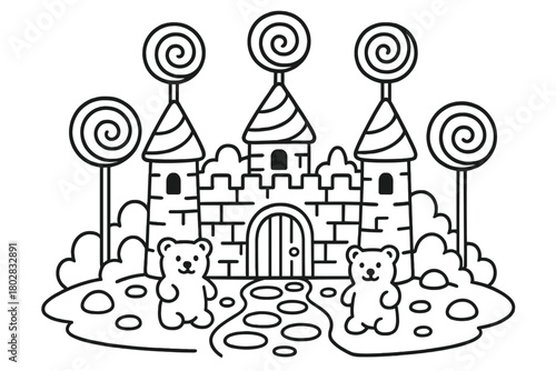 Candy Castle Fantasy. Whimsical candy castle with lollipop towers, marshmallow walls, and gummy bear guards, black and white line