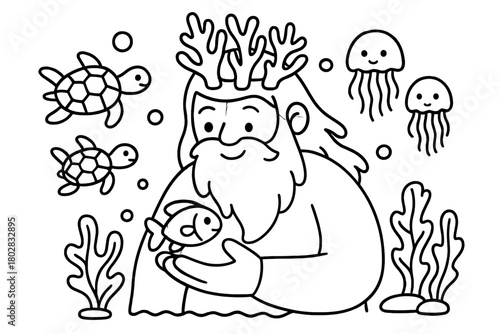 Friendly Sea Giant. Friendly sea giant with coral crown helping little fish while jellyfish and turtles swim nearby, black and