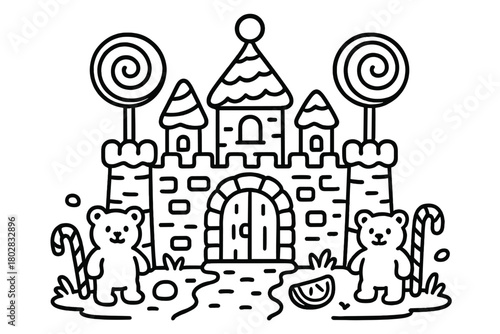 Candy Castle Fantasy. Whimsical candy castle with lollipop towers, marshmallow walls, and gummy bear guards, black and white line