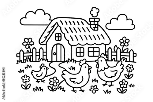 Farmhouse Coloring Page. Cozy farmhouse with a thatched roof surrounded by chickens, flowers, and a wooden fence, black and white
