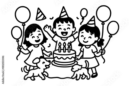 Birthday Party Fun. Playful birthday party with balloons, cake, children in hats, and a puppy wagging its tail, black and white