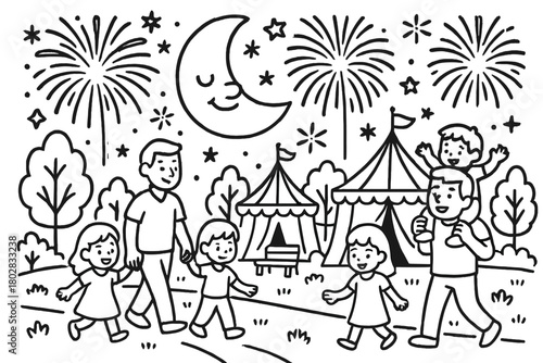 Enchanted Park Celebration. Enchanted park scene with fireworks, smiling moon, carnival tents, and families enjoying the night,