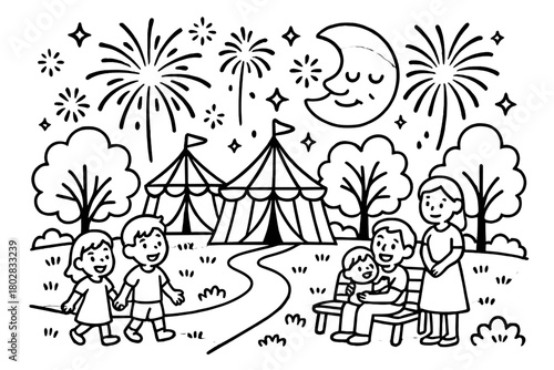 Enchanted Park Celebration. Enchanted park scene with fireworks, smiling moon, carnival tents, and families enjoying the night,