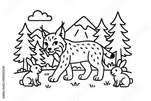 Lynx in Taiga. Gentle lynx walking through the taiga with rabbits, trees, and mountains in the background, black and white line