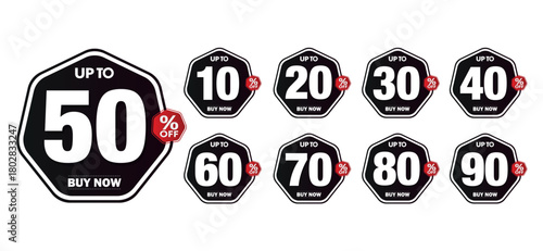 Collection of 10 black and white octagon vector badges offering discounts from 10% to 90% and "Up to 50% Off." Essential asset for monochrome advertising and sales promotions.
