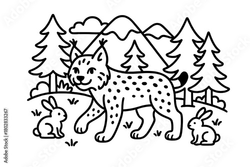Lynx in Taiga. Gentle lynx walking through the taiga with rabbits, trees, and mountains in the background, black and white line