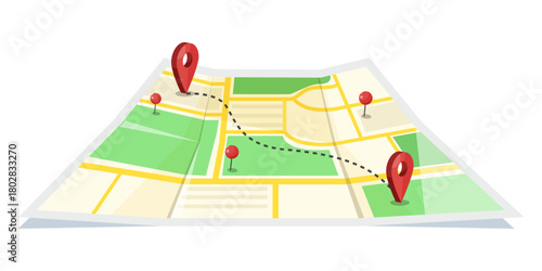 Folded city map with streets and green areas, featuring route path and red location pins, shown on white background. Concept of navigation. Vector illustration